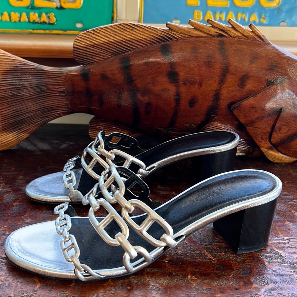HERMES Metallic Calfskin Tandem Sandals Luxury Size 37 - Picture 12 of 16